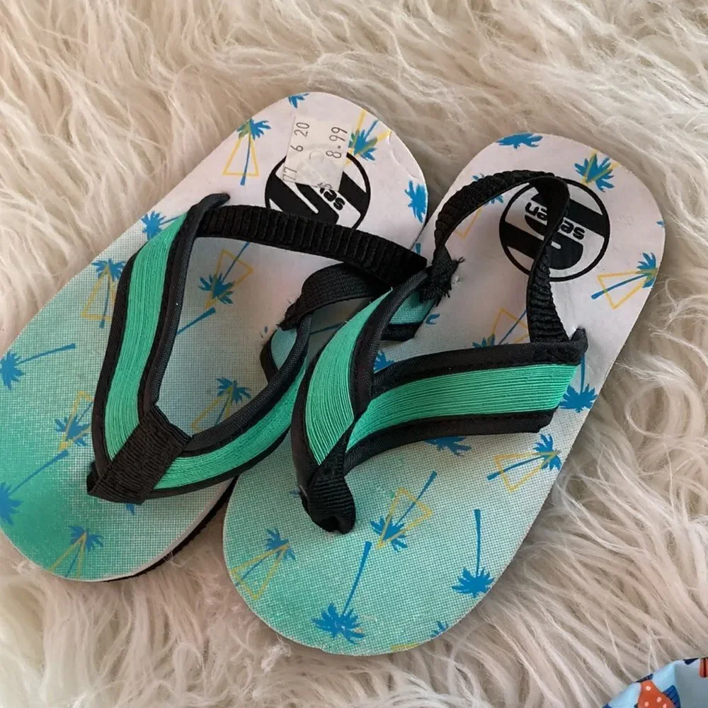 New Cat & Jack Swim trunks and New Flip Flops Trunks Size 12M Flip Flops Sz 6